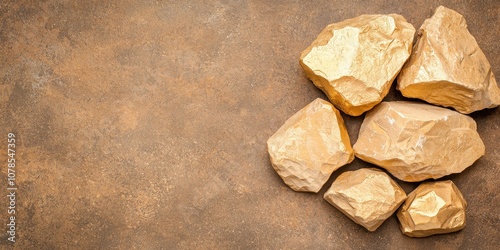 A collection of natural rocks on a textured surface, showcasing earthy colors and shapes. photo