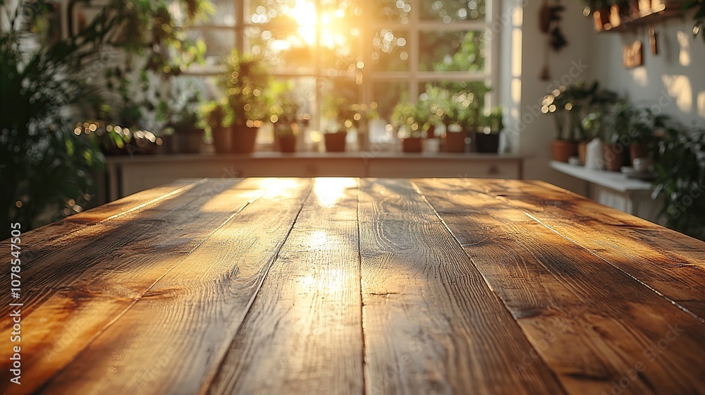 Empty wooden table with sunlight and blurred plants in the background. Empty wooden table with sunlight and blurred plants in the background.
