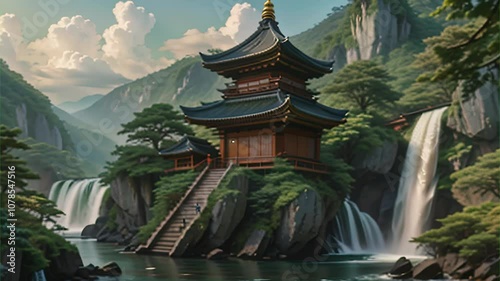 Japanese pagoda with waterfall. Generative AI