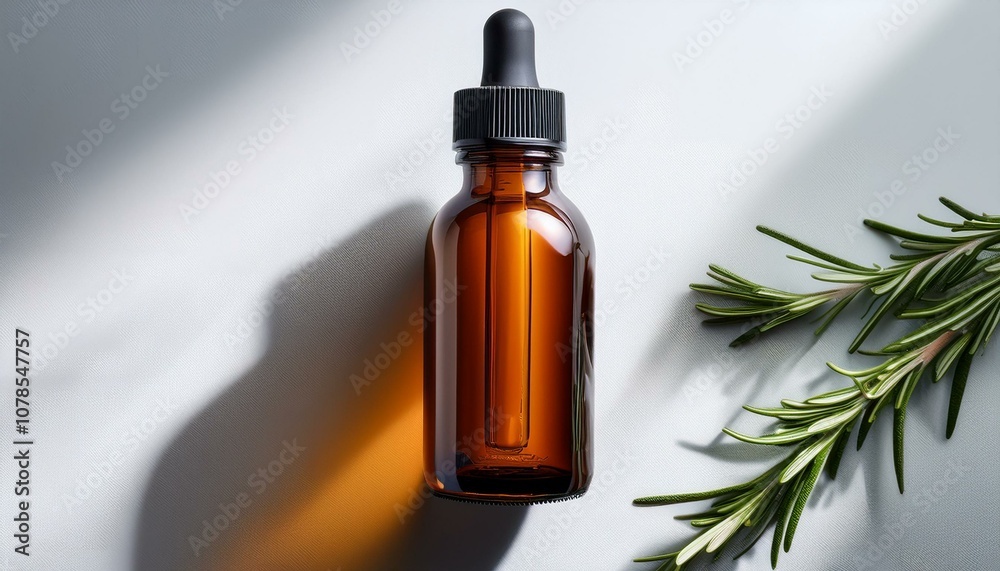 amber glass roll on bottle mockup with a rosemary on the white table