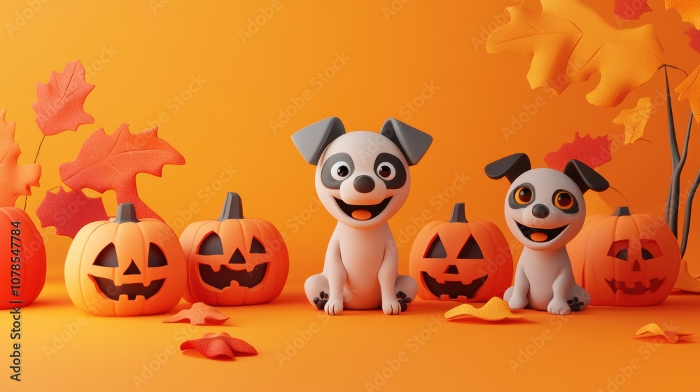 Explore a creative gigapixel image of adorable cartoon dogs surrounded by halloween pumpkins Explore a creative gigapixel image of adorable cartoon dogs surrounded by halloween pumpkins