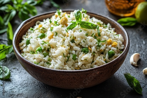 Close-up of a bowl of fried rice. Perfect for food blogs, restaurant menus, and recipe websites.