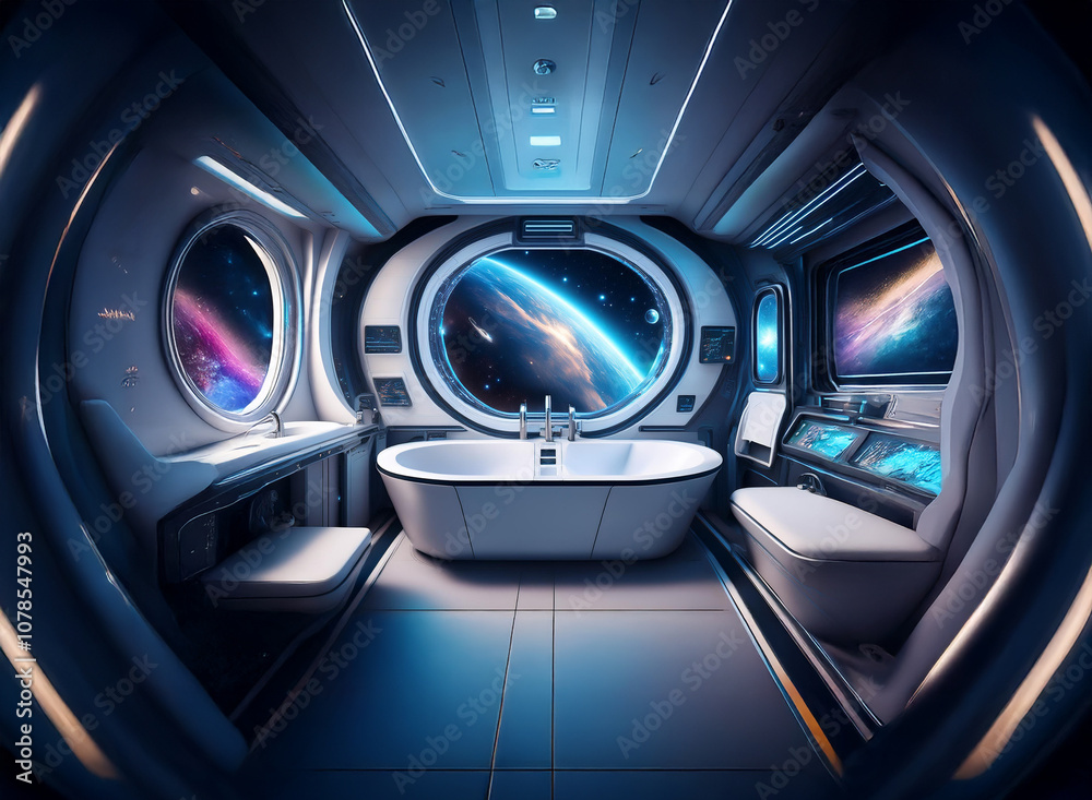A futuristic bathroom with a large window overlooking Earth and space. A futuristic bathroom with a large window overlooking Earth and space.