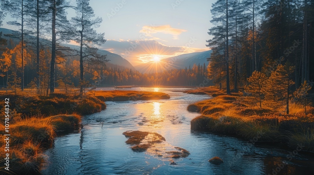A serene river flows through a golden autumn forest as the sun sets behind the mountains. A serene river flows through a golden autumn forest as the sun sets behind the mountains.