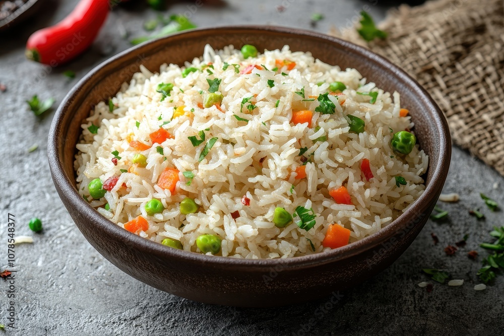 Bowl of white rice with vegetables. Perfect for showcasing a meal or restaurant setting.