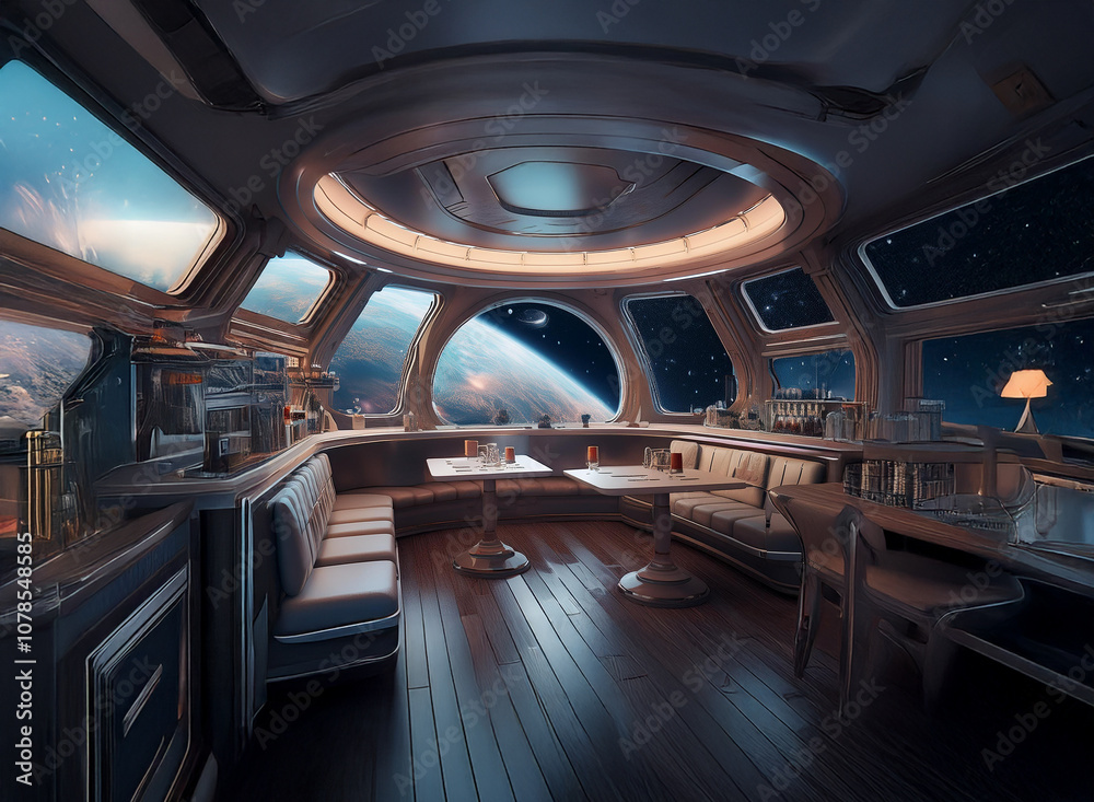 A futuristic spaceship lounge with large windows overlooking a blue and orange planet in a starry space. A futuristic spaceship lounge with large windows overlooking a blue and orange planet in a starry space.