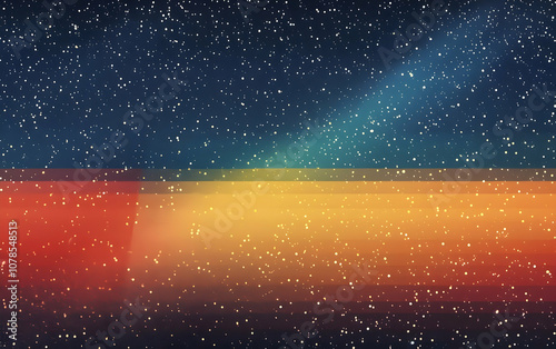 A grainy VHS-style image of the edge of space, with a rainbow gradient sky and stars, a dark blue and orange gradient