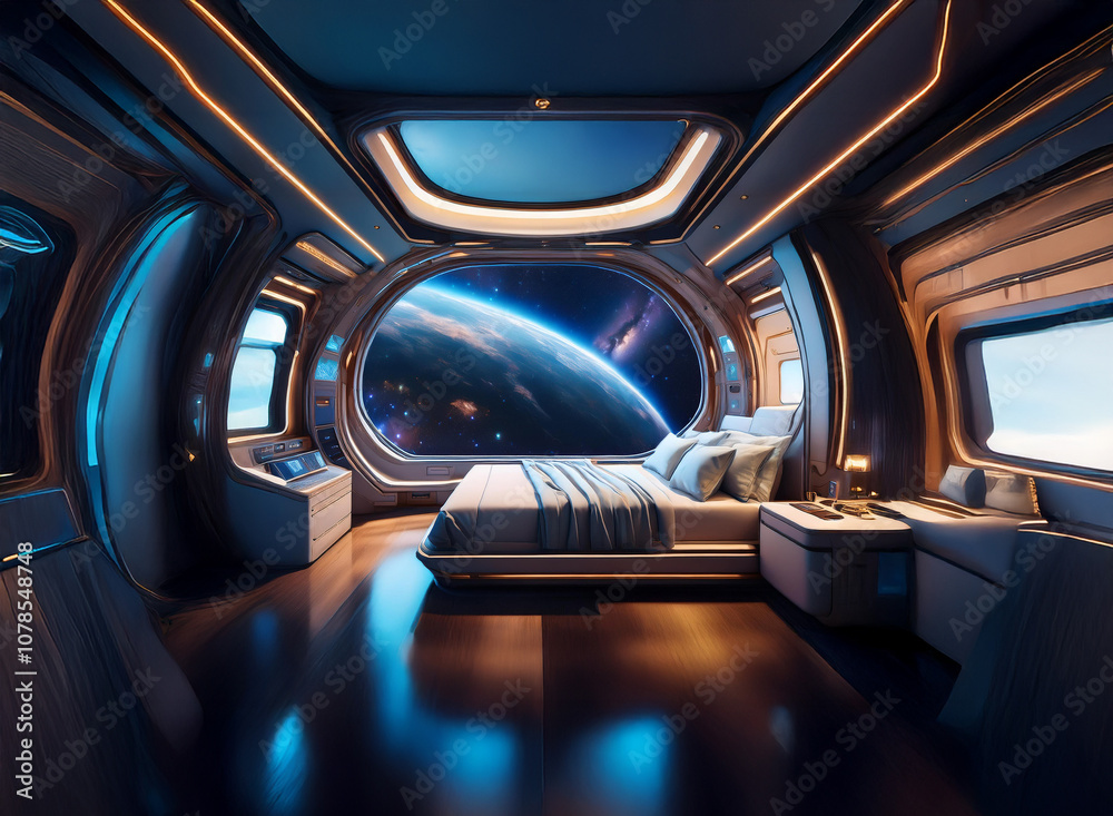 A futuristic bedroom with a large window overlooking a view of Earth from space. A futuristic bedroom with a large window overlooking a view of Earth from space.