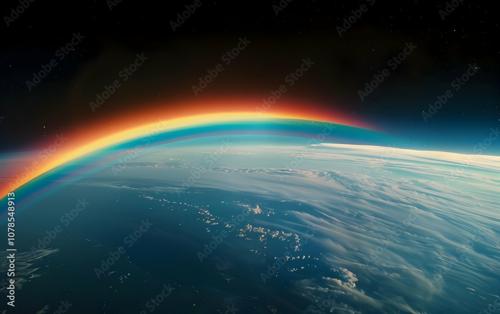Fototapeta premium A single rainbow, captured in close-up, against the backdrop of the dark night sky in space.