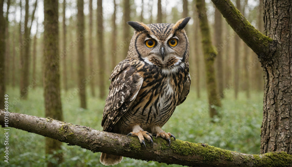 An owl perches on a branch in a dense forest, its yellow eyes piercing through the trees An owl perches on a branch in a dense forest, its yellow eyes piercing through the trees