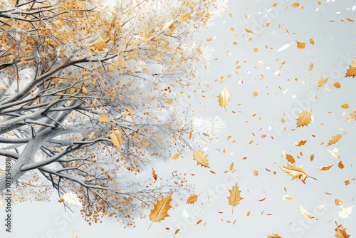 A tree with leaves falling in the air winter autumn