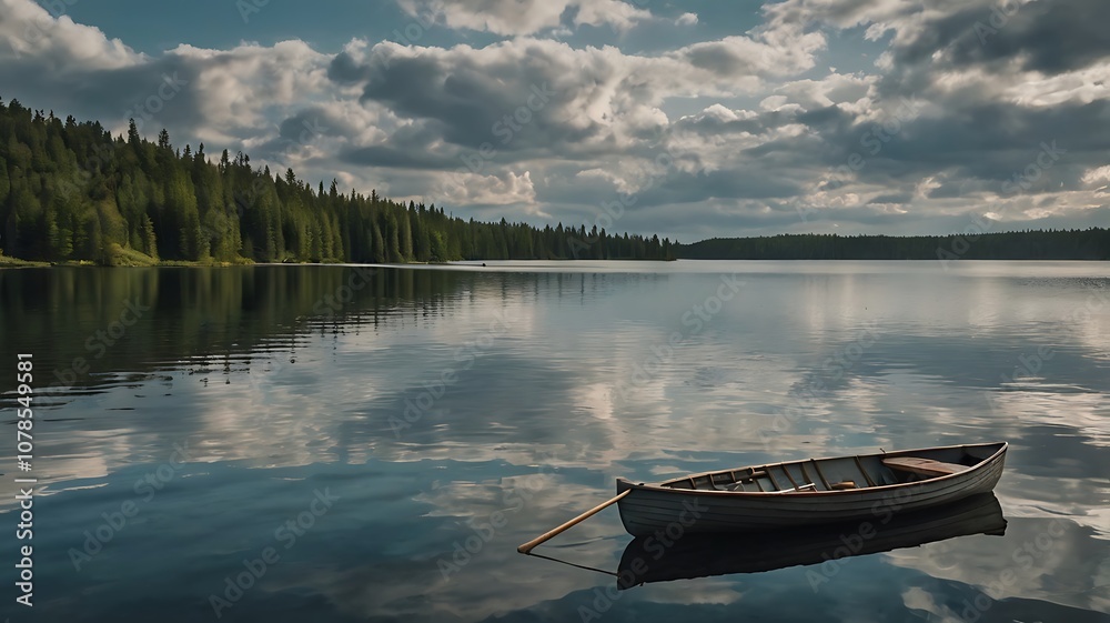 Obraz premium A Small Wooden Rowboat Anchored in a Still Lake Surrounded by Trees and Cloudy Sky