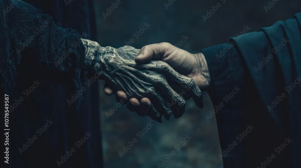 A close-up of two hands, one skeletal and the other human, symbolizing a connection or pact. A close-up of two hands, one skeletal and the other human, symbolizing a connection or pact.