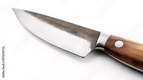 Close-up of an Exquisite Handcrafted Chef's Knife with a Forged Steel Blade and Rich Wooden Handle, a Culinary Masterpiece for the Discerning Chef.