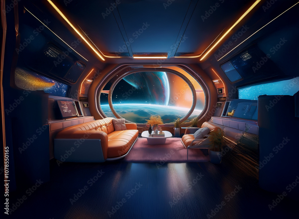 A futuristic living room with large windows overlooking a view of a distant planet. The room is decorated with comfortable furniture and soft lighting. A futuristic living room with large windows overlooking a view of a distant planet. The room is decorated with comfortable furniture and soft lighting.