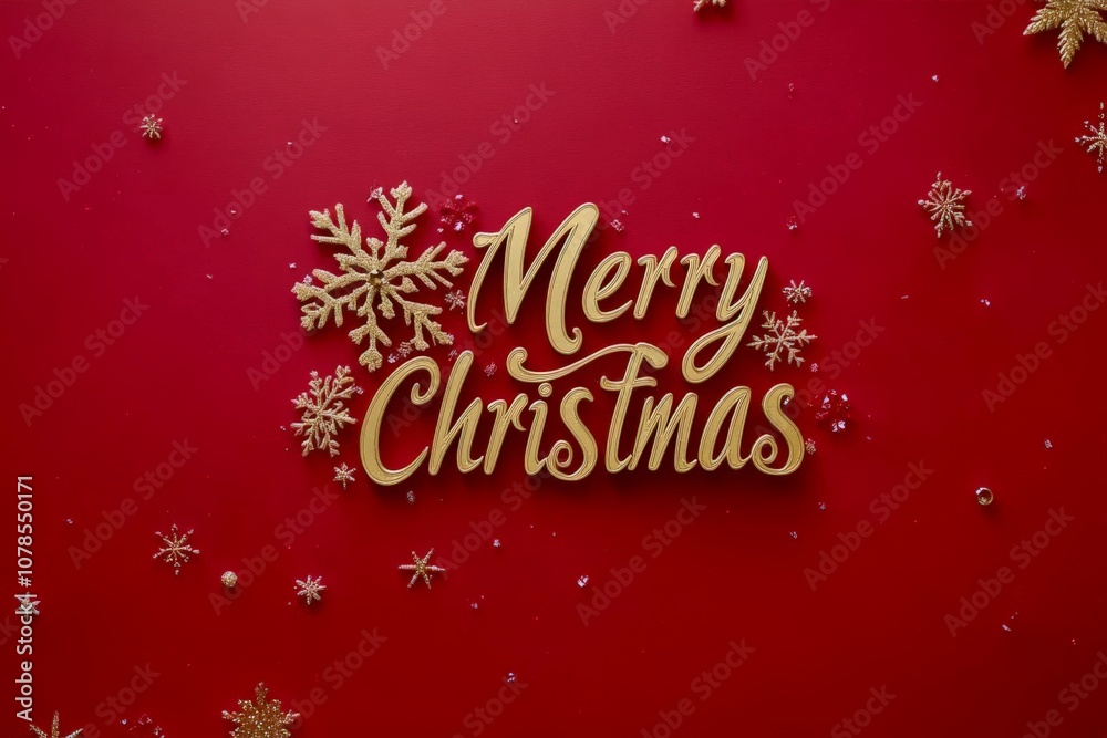 Classic Merry Christmas typography in gold surrounded by pine cones green fir branches and sparkling stars on a vibrant red background evoking timeless holiday joy