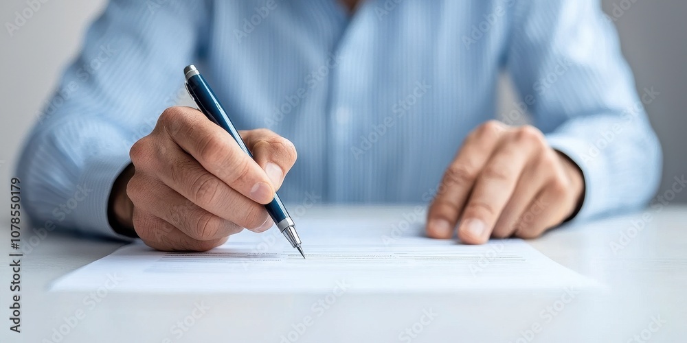 A person writing on a blank sheet of paper with a pen, symbolizing creativity and ideas. A person writing on a blank sheet of paper with a pen, symbolizing creativity and ideas.