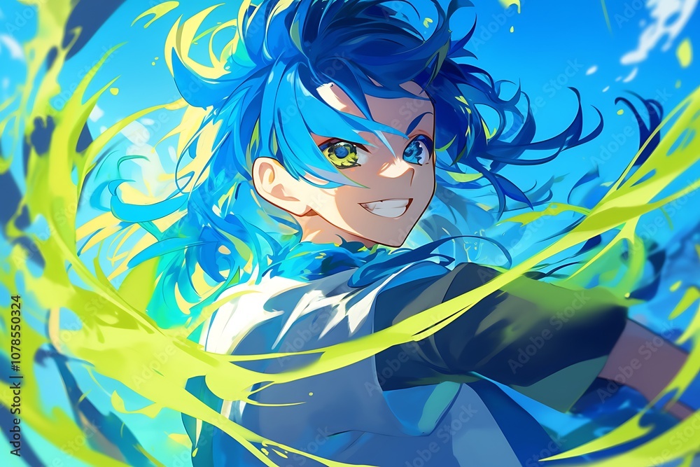 Anime Character with Blue Hair and Yellow Streaks Against a Blue Sky Anime Character with Blue Hair and Yellow Streaks Against a Blue Sky