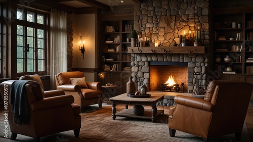 Cozy living room with a stone fireplace, leather armchairs, and a wooden coffee table.