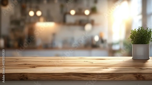 A wooden countertop with a small potted plant on the right side. The background is a blurry image of a kitchen interior with warm lighting.