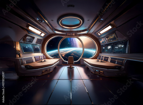 A futuristic spaceship interior with a large window revealing a view of Earth from space.