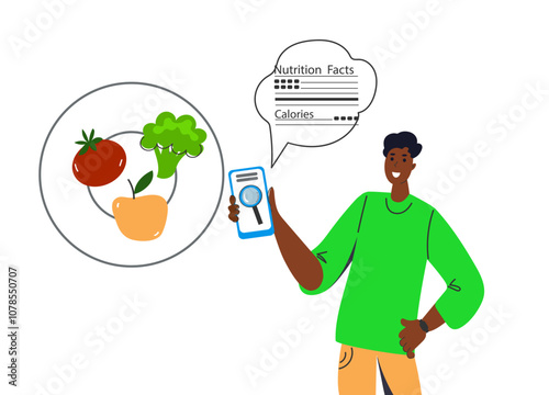 young man studies  nutritional value food.  Nutrition facts of food. Calories counting concept. Food control and consumer nutrition facts. Diet , food control, weight loss. Vegetarian, vegan,