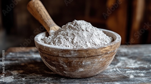 Wooden Bowl of Flour on Rustic Table