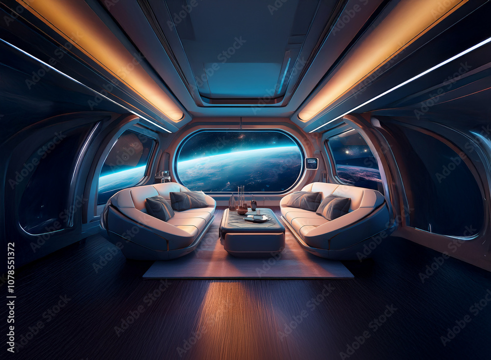An interior view of a futuristic spacecraft with large windows showcasing a view of Earth from space. An interior view of a futuristic spacecraft with large windows showcasing a view of Earth from space.