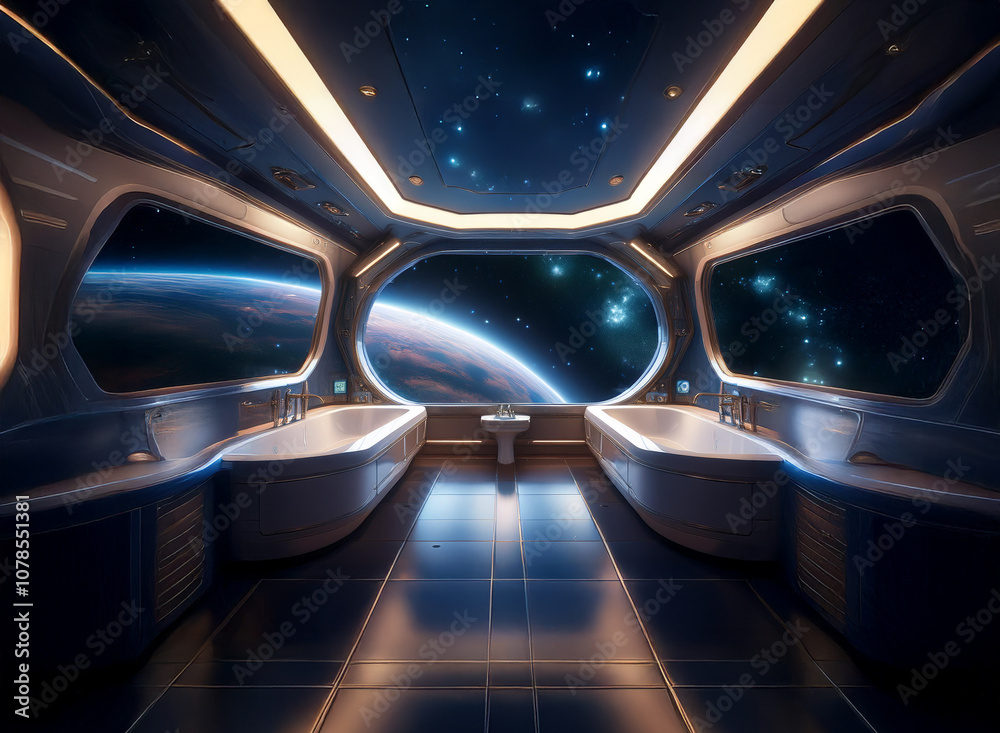 A futuristic bathroom with three sinks, a large window overlooking a planet, and a starry night sky. A futuristic bathroom with three sinks, a large window overlooking a planet, and a starry night sky.