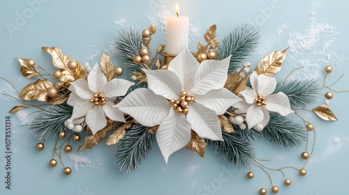 Christmas wall hanging with white poinsettia flowers, gold ornaments, and an illuminated candle in the center. Snow-covered branches on a light blue background with golden accents.