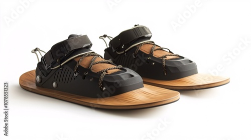 A pair of water ski bindings on a white background, showcasing the wood and modern design, perfect for water sports enthusiasts.