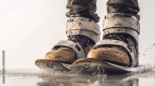 Muddy Wakeboarding Boots Skimming Water Surface: Dynamic Close-Up of Watersports Action