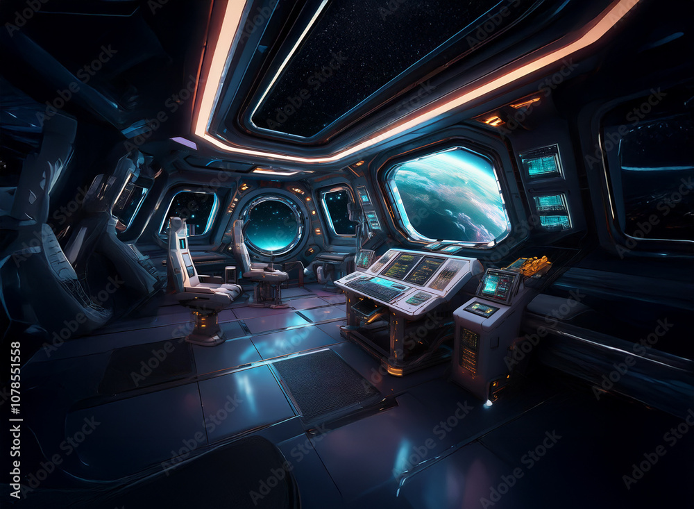 The interior of a spaceship cockpit with two seats and a control panel. A view of a blue planet can be seen through a large window. The interior of a spaceship cockpit with two seats and a control panel. A view of a blue planet can be seen through a large window.