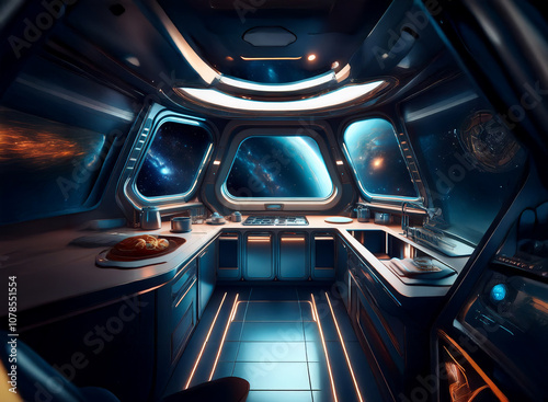 A futuristic kitchen with large windows looking out at a vast and colorful nebula.