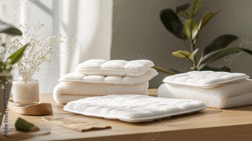 Soft, Plush White Towels and Cloths on Wooden Table: A Minimalist Home Decor for Comfort, Relaxation, and Wellness