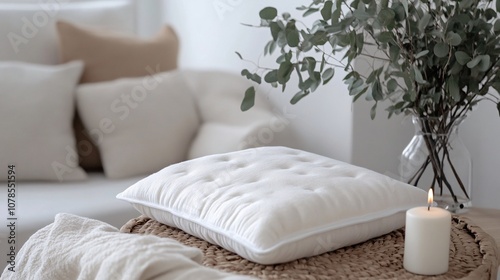 Cozy Home Decor: White Cushion, Eucalyptus, and Candlelight - Creating a Tranquil Atmosphere