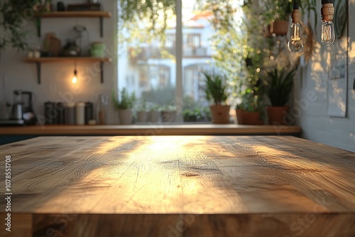 A close-up of a wooden table in a kitchen with sunlight shining through the window.