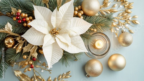 Christmas wall hanging with white poinsettia flowers, gold ornaments, and an illuminated candle in the center. Snow-covered branches on a light blue background with golden accents.