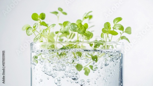 Close-up of vibrant green sprouts in a glass of sparkling water, embodying freshness, purity, and the essence of life. #hydroponics #plants #water