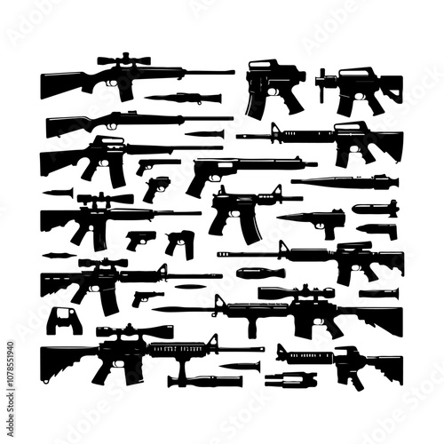 Weapon riffles collection silhouette. Riffle gun vector icon set, Army gun, pistols, assault riffle gun, shotgun, sniper rifle vector set 