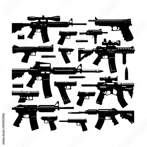 Weapon riffles collection silhouette. Riffle gun vector icon set, Army gun, pistols, assault riffle gun, shotgun, sniper rifle vector set  photo