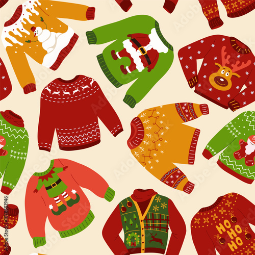 Bright Christmas ugly sweater seamless pattern Holiday knitted winter jumpers with norwegian ornaments Funny traditional vintage clothes vector repeating background for fabric, gift wrap, card, poster