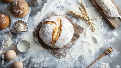 Freshly Baked Bread: A Rustic Bakery Scene with Flour, Dough, and Ingredients