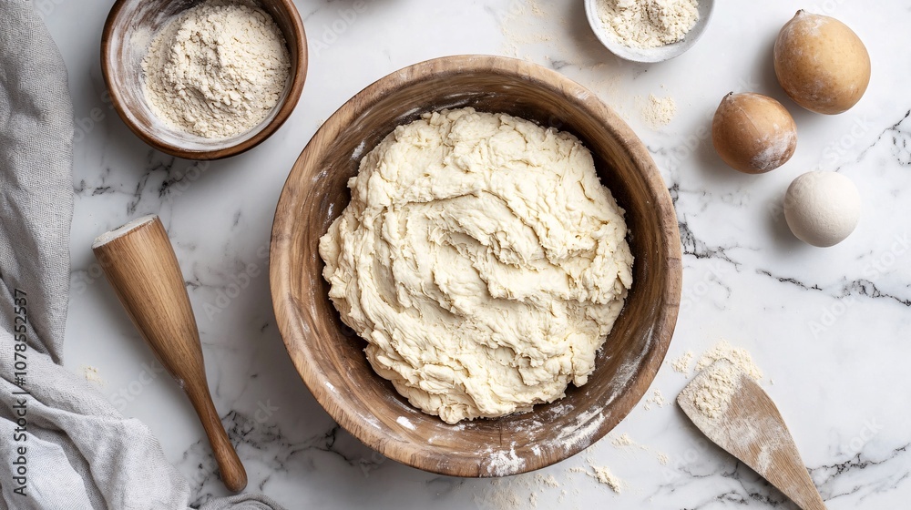 Fototapeta premium Fresh Dough in a Wooden Bowl: A Culinary Masterpiece