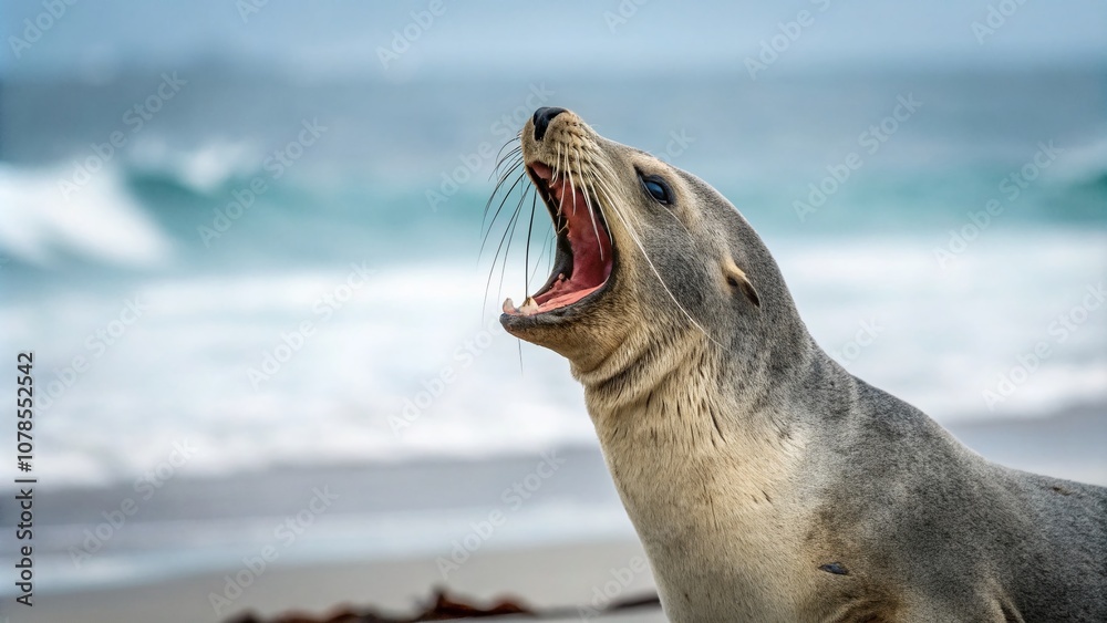 Obraz premium Minimalist Photography of a Sea Lion with Open Mouth Screaming Against a Soft Ocean Background, Capturing the Essence of Nature and Wildlife in Its Purest Form