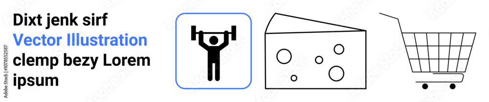 Weightlifter icon lifting barbell, cheese slice with holes, and empty shopping cart. Ideal for fitness, nutrition, shopping, e-commerce, health, diet, and lifestyle themes. Banner for landing page Weightlifter icon lifting barbell, cheese slice with holes, and empty shopping cart. Ideal for fitness, nutrition, shopping, e-commerce, health, diet, and lifestyle themes. Banner for landing page