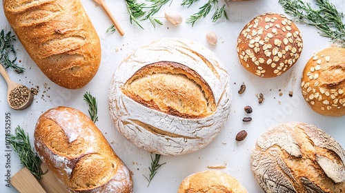 Freshly baked bread with seeds - Top Down Photo of Variety of Breads on a White Table with Decoration.