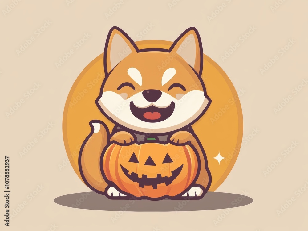 Obraz premium Create an adorable flat circle icon featuring a happy dog with a pumpkin in high fidelity