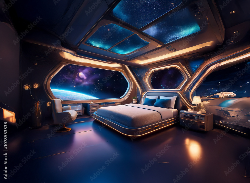A futuristic bedroom with large windows overlooking a vast expanse of stars and a planet. A futuristic bedroom with large windows overlooking a vast expanse of stars and a planet.