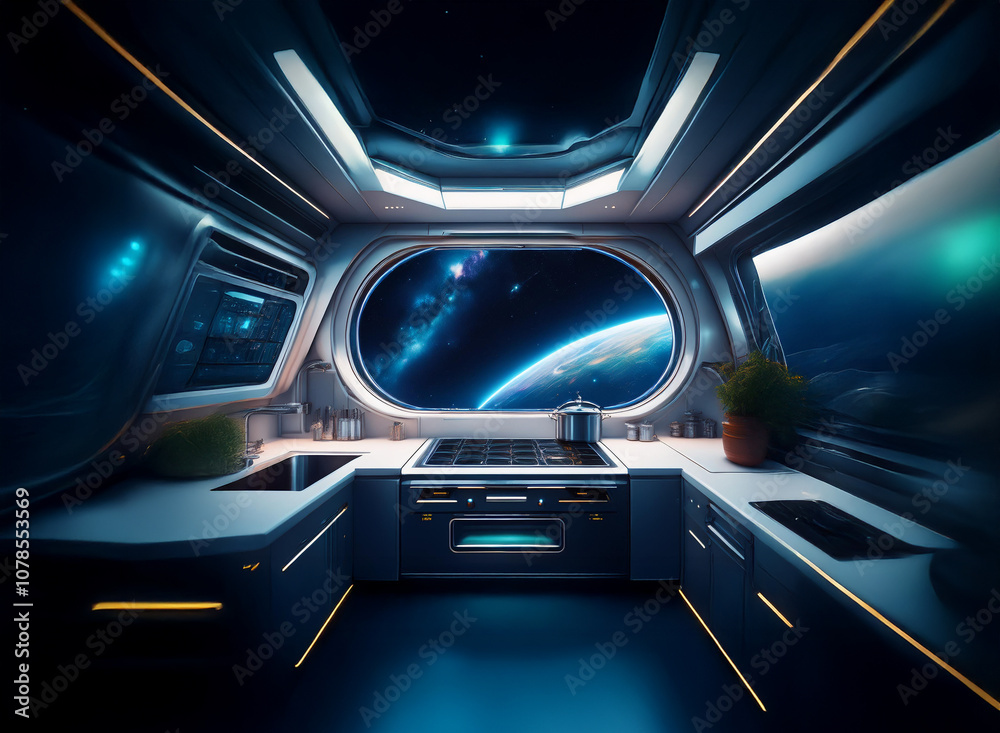 A spaceship kitchen with a large window looking out at a planet, stars and a nebula. A spaceship kitchen with a large window looking out at a planet, stars and a nebula.